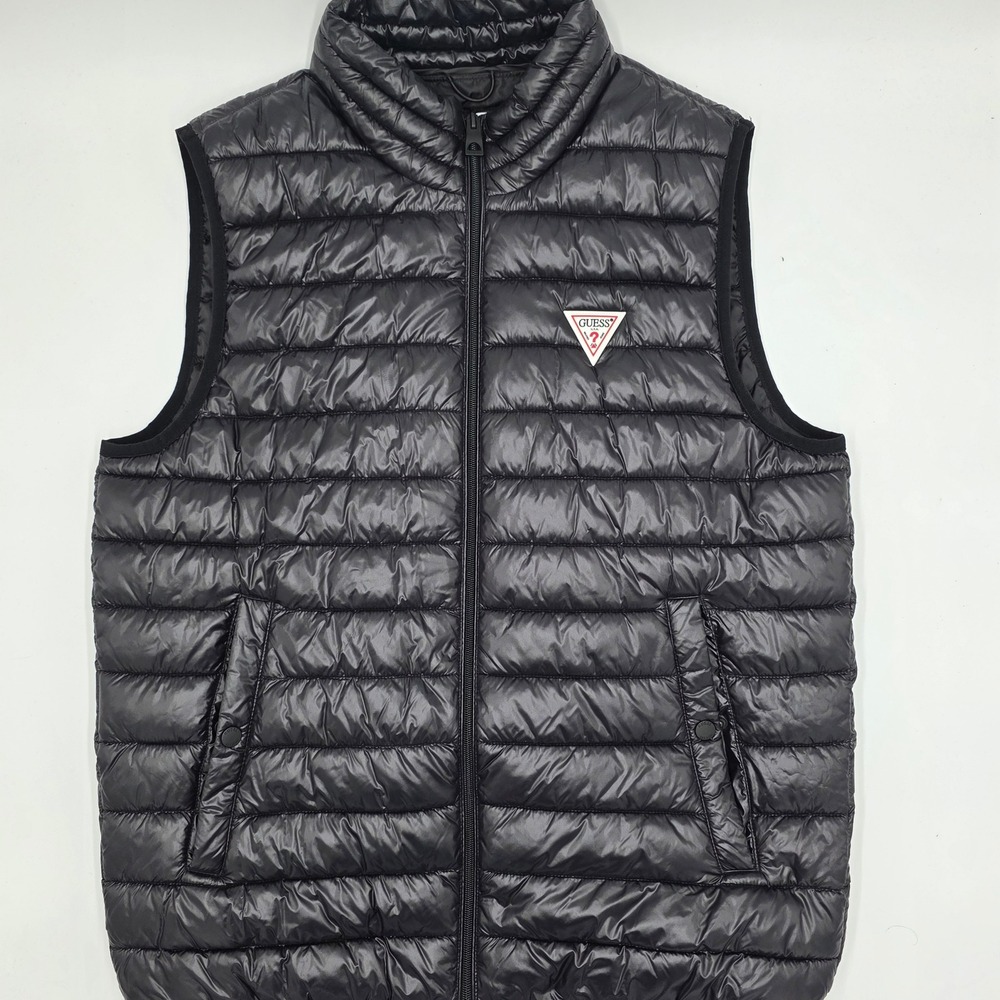 Guess Mens Black Quilted Puffer Vest Full Zip Logo Patch Medium 112AN070